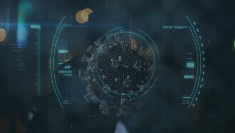 animation of macro coronavirus covid-19 cell analyzed over a hacker hooded man