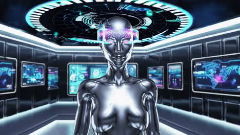 futuristic ai robot in a digital control room