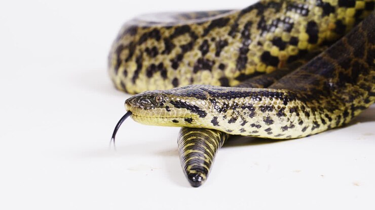 Gele anaconda opgerold op witte achtergrond