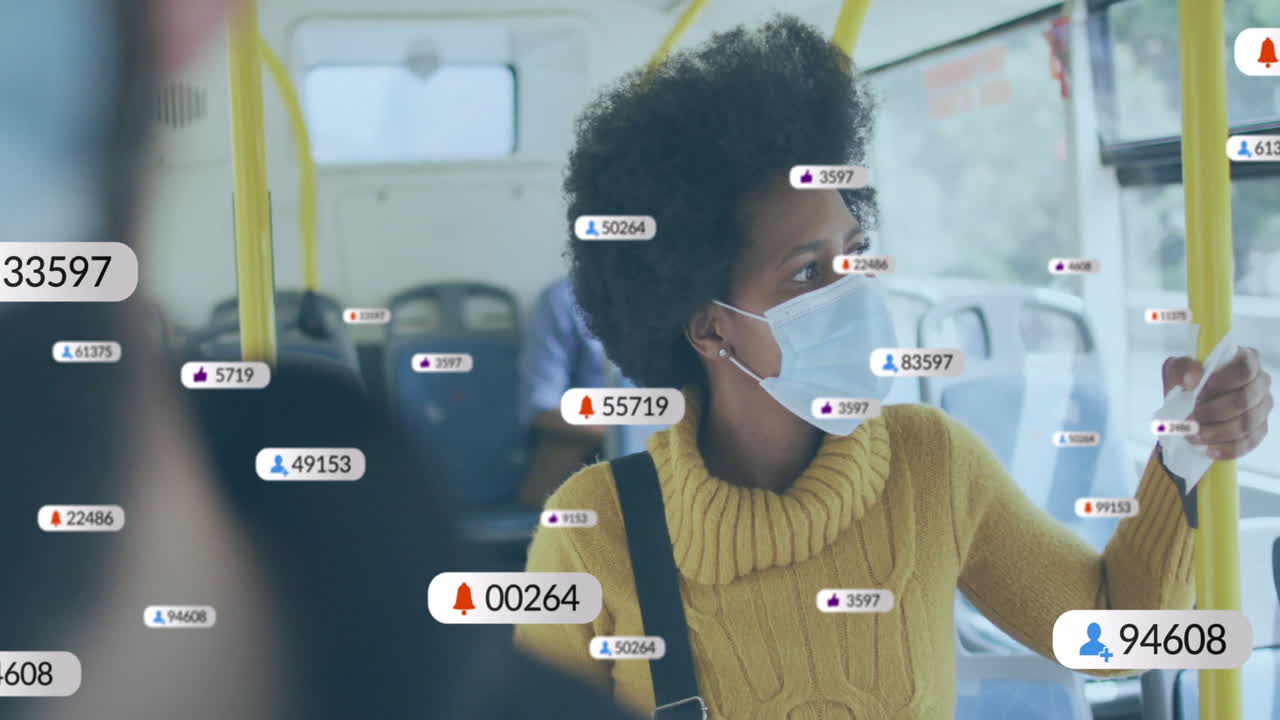 Wearing mask on bus, person with data points showing tracking information animation