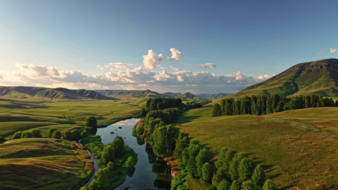 Luftaufnahmen zeigen eine ruhige Landschaft mit einem gewundenen Fluss, üppigem Grün und sanften Hügeln