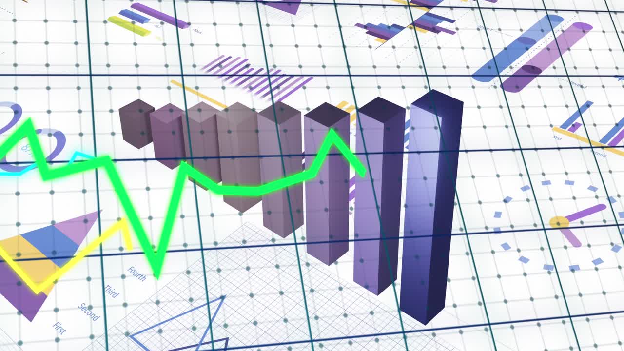 animación del procesamiento de datos financieros y las estadísticas con línea verde.