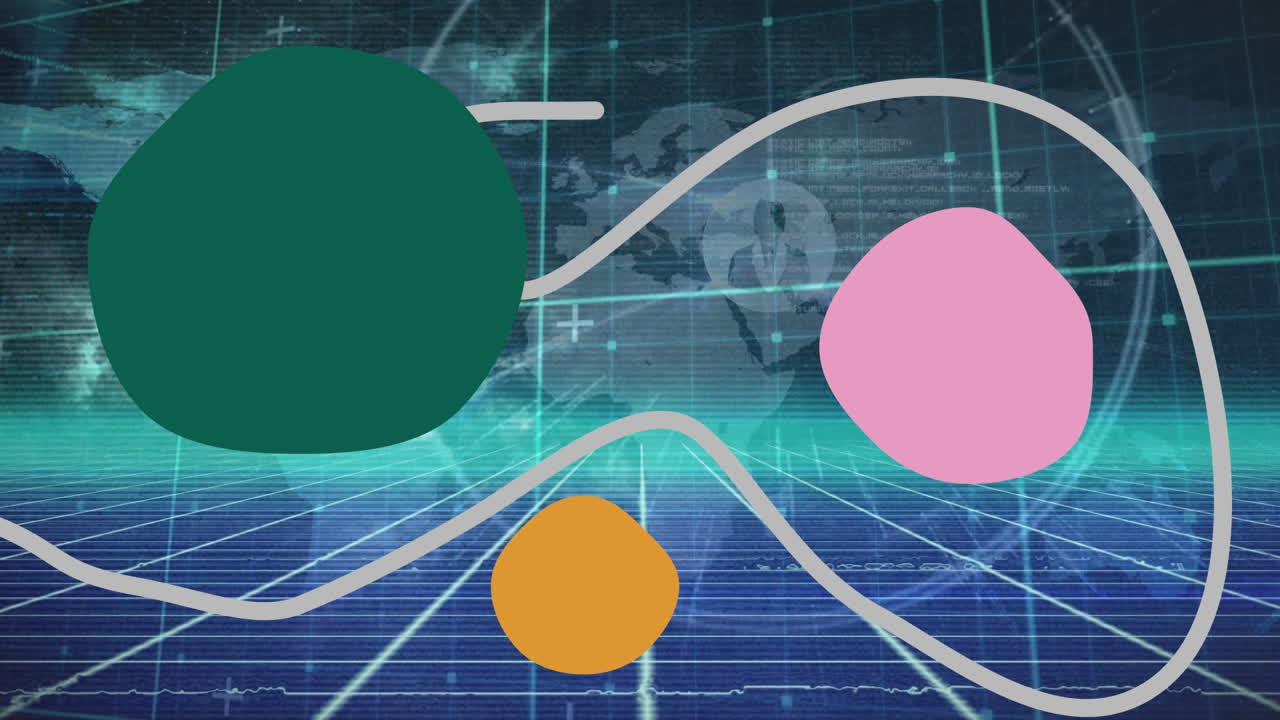 animación de formas y procesamiento de datos sobre fondo azul