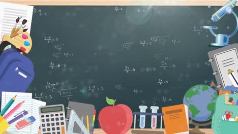 múltiples iconos de conceptos escolares sobre ecuaciones matemáticas flotando contra la pizarra negra