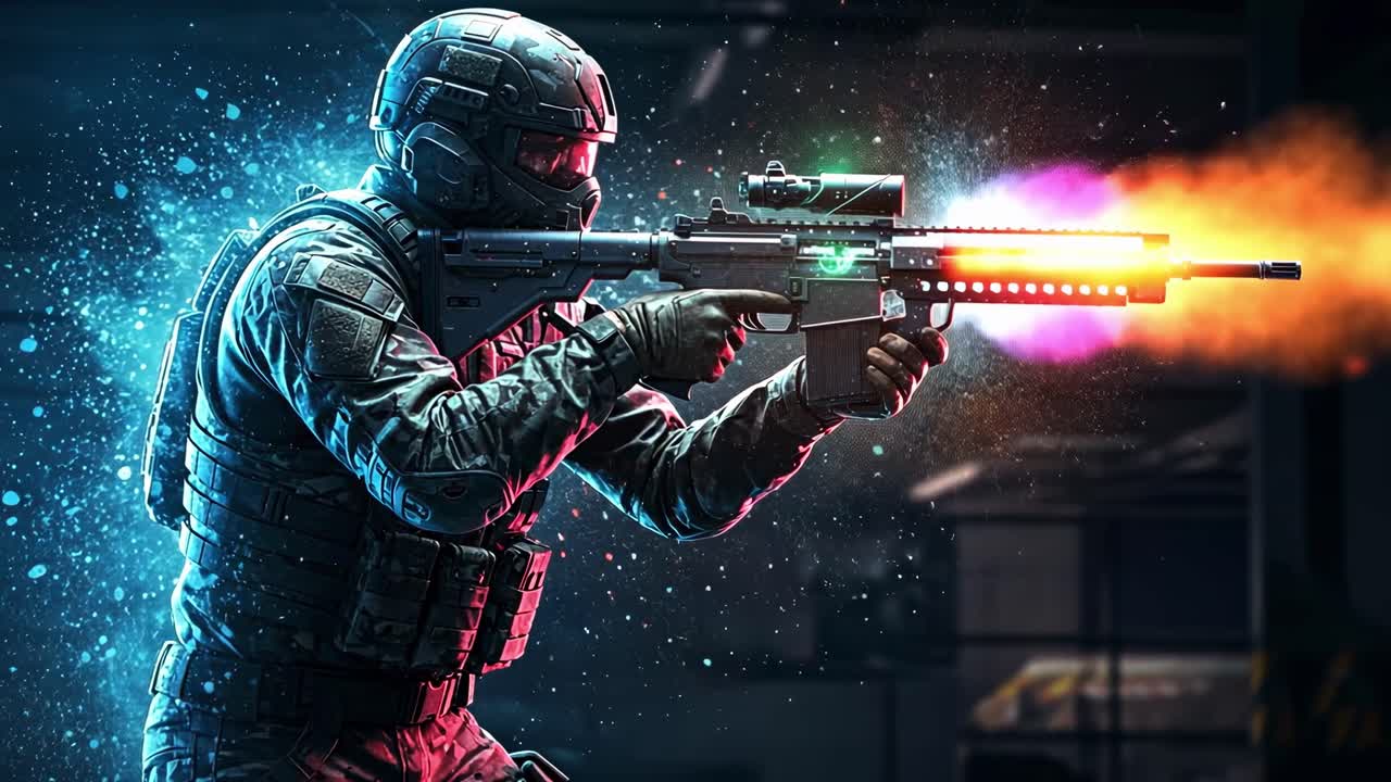 Intense tactical training with futuristic weapons in a high-tech facility showcasing advanced combat techniques