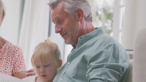 close up of grandparents sitting on sofa with granddaughter at home reading book together
