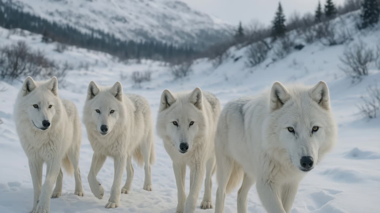 Four white wolves walk through snowy terrain, captured from a low-angle, creating a dramatic