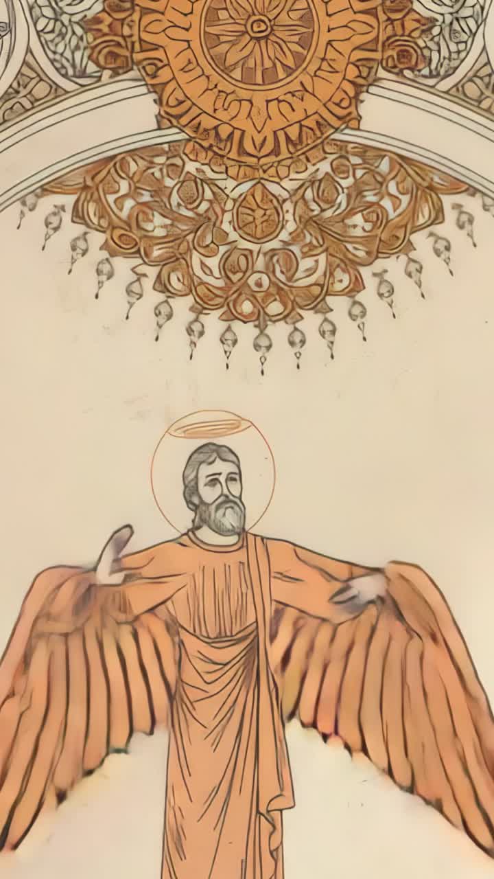 Vertical video: Lifting arms after blessing gesture saint unfolding wings under rosette arch