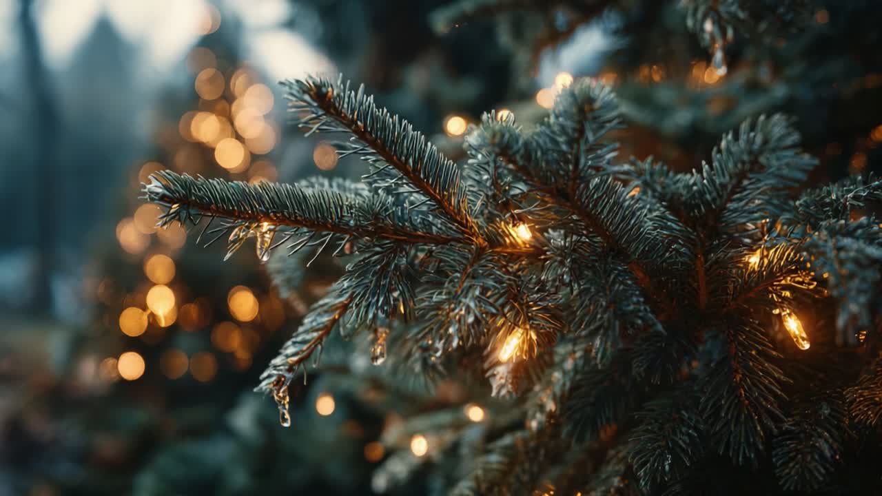 A Close-Up of a Christmas Tree Branch Adorned with Lights, Capturing the Warmth and Spirit of the Holiday Season Amidst a Softly Lit Winter Background