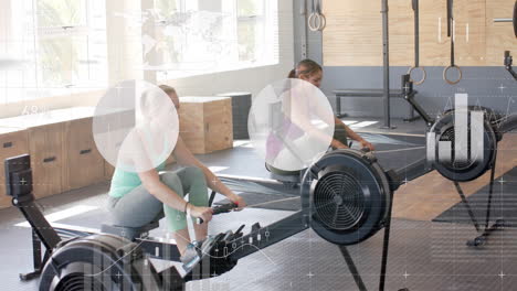 animation of interface processing data over diverse women training on rowing machines at gym