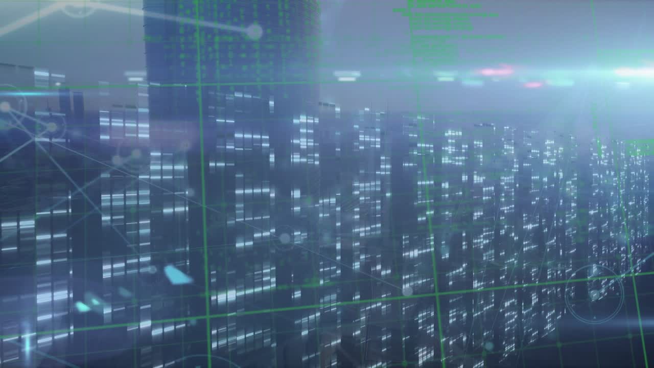 Animation of digital screen with lights, connections, data processing and cityscape