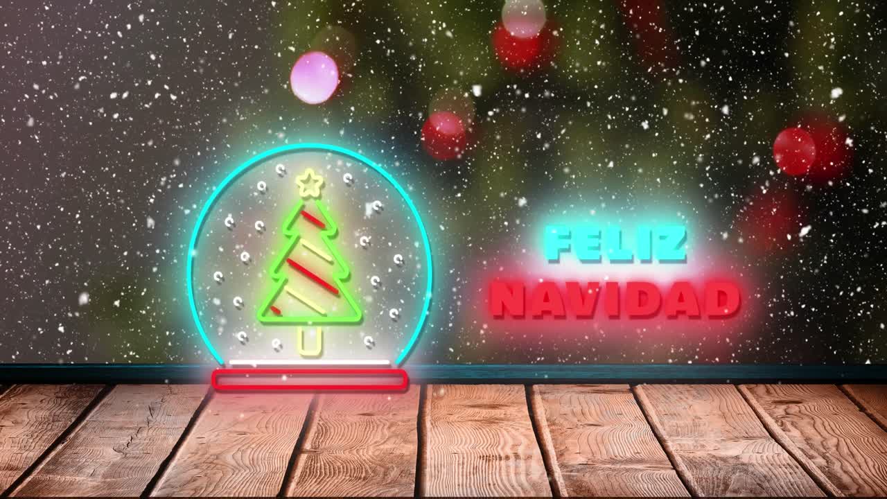 animación de feliz navidad texto sobre globo de nieve con árbol de navidad