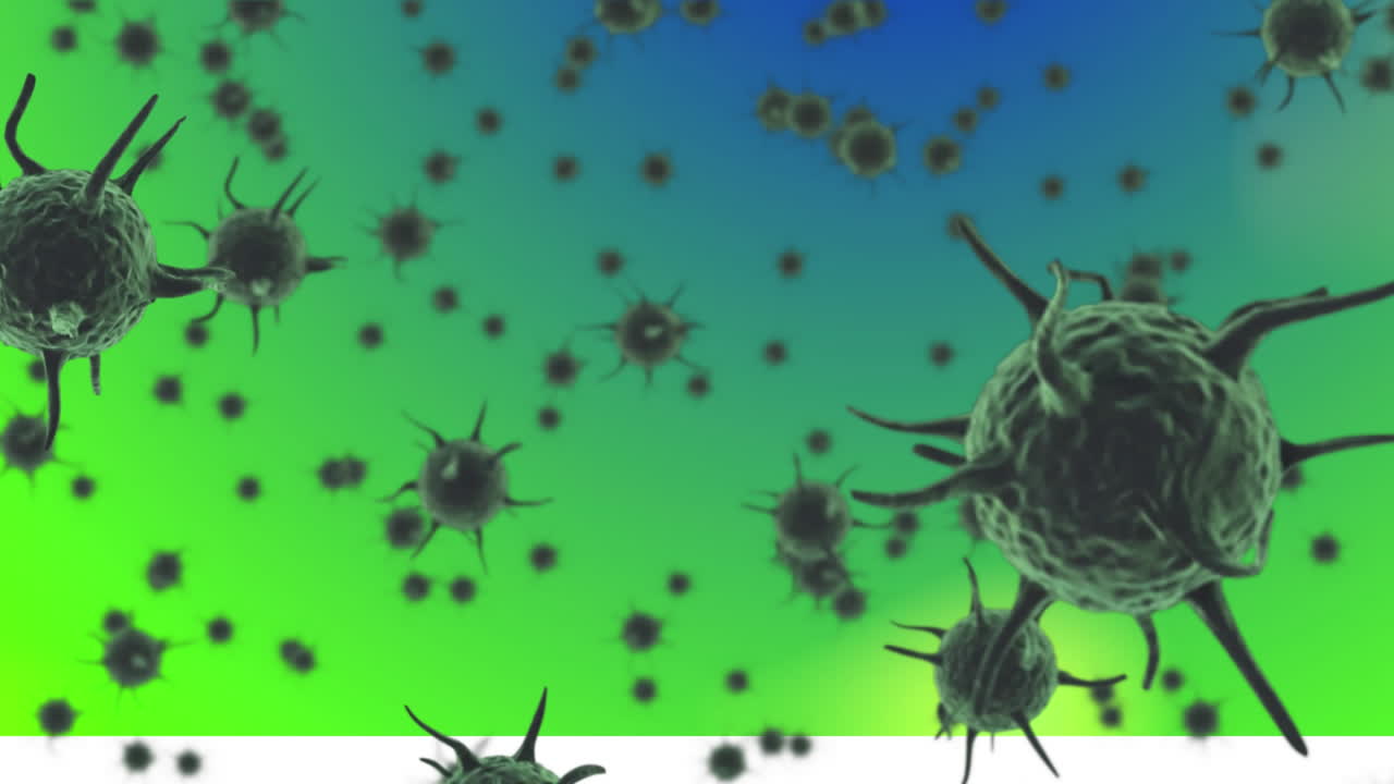 녹색, 빨간색 배경 위에 떠다니는 코로나19 세포의 애니메이션