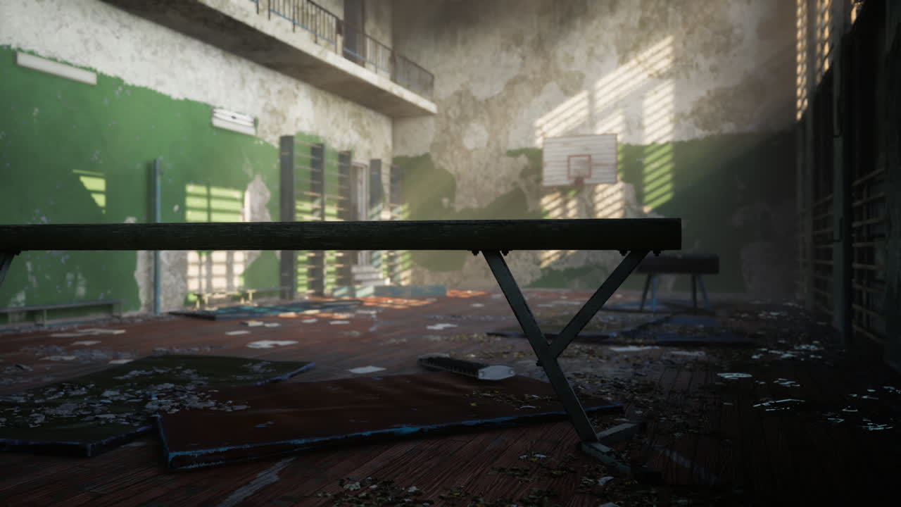 Abandoned gymnasium with scattered debris and sunlight shining through
