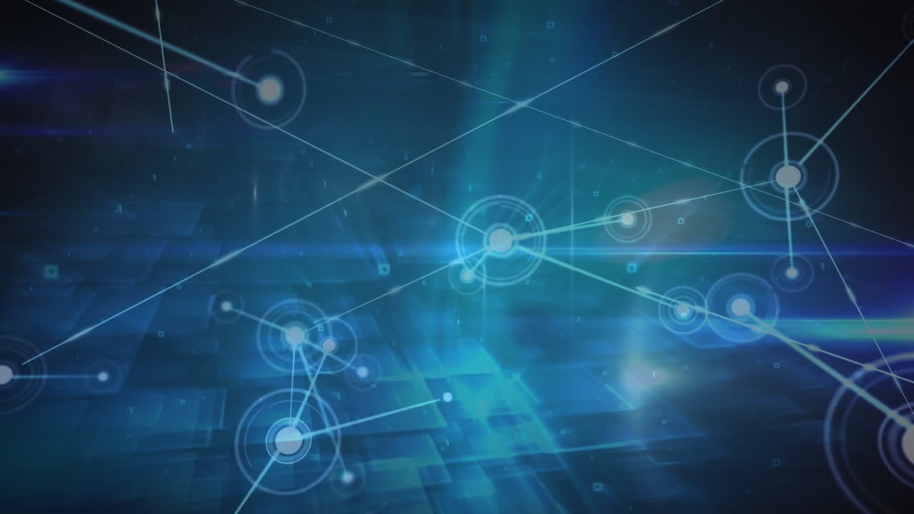 animación de la red de conexiones sobre un patrón de forma cuadrada y rastros de luz sobre fondo azul