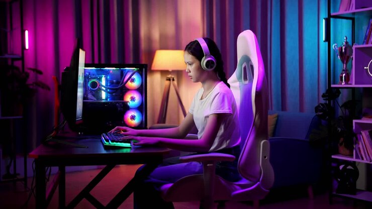 Ragazza gamer asiatica adolescente seria che gioca a un videogioco al computer.