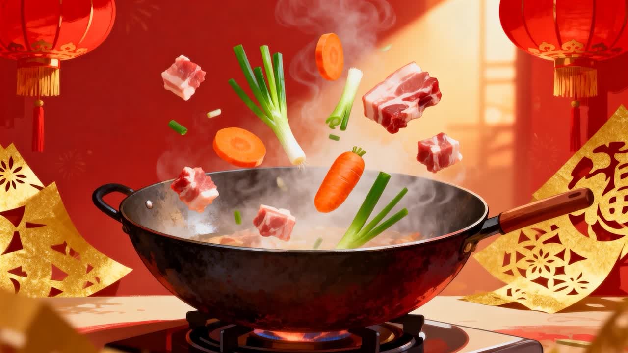 Versare carote a rondelle, scalogni, cubetti di maiale nel wok sul fornello al bancone festivo per cuocere, lanterne