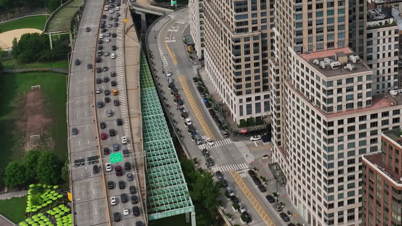 Busy New York streets showing traffic and urban buildings from above