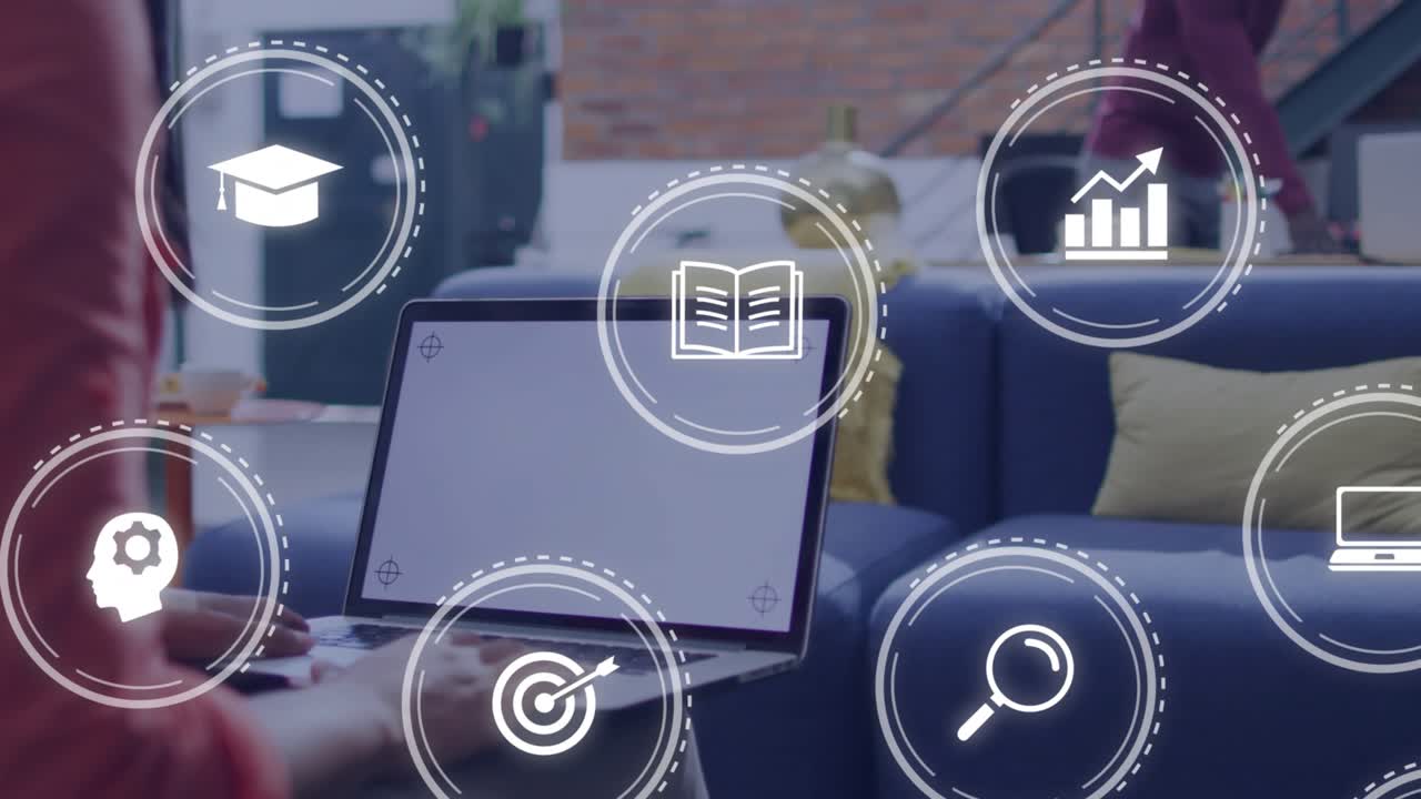 Woman typing on laptop in lounge driving education icons across while colleague exiting behind sofa