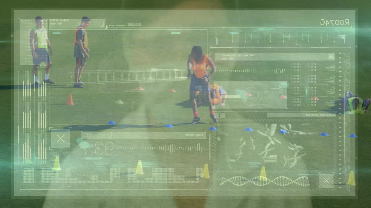 Footballers train and scientist works in a tech-driven, political economy video.