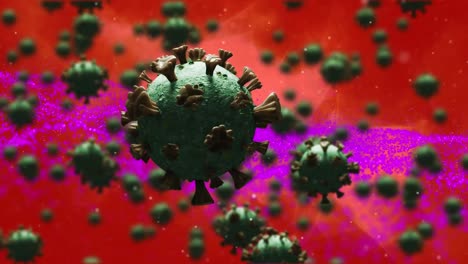 Animation-of-virus-cells-over-purple-spots-on-red-background