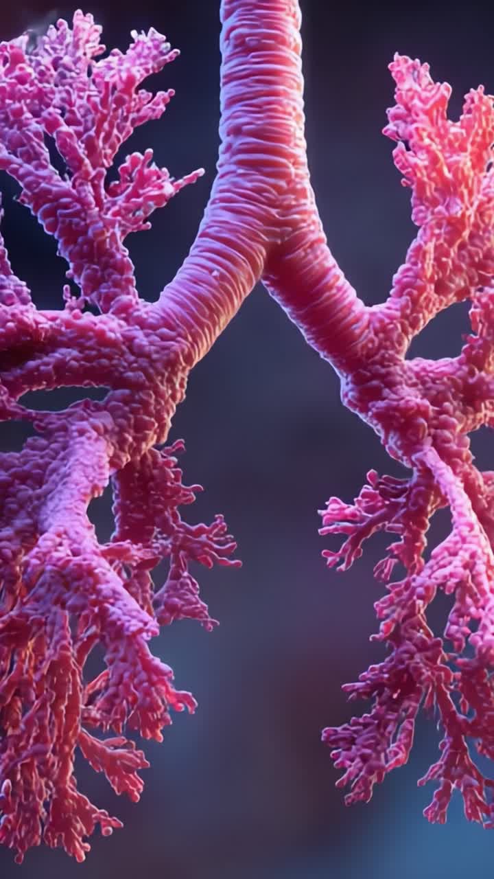 Visualizzazione dettagliata dell'albero bronchiale umano: primo piano dei polmoni che evidenzia le vie aeree strutturalmente intricate con ricca vascolarizzazione