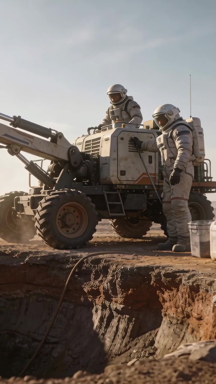 Vidéo verticale : Équipage en combinaison démarrant le moteur, préparant les commandes du rover au bord de la fosse, manipulant un câble