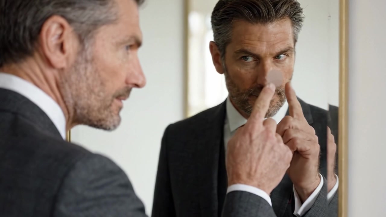 A well-dressed man carefully examines his appearance in a mirror, showcasing confidence and style. His tailored suit highlights a sophisticated look and attention to detail.