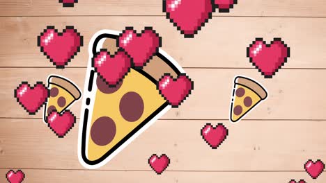 múltiples iconos de corazón rojo flotante y rebanada de pizza girando contra un fondo de madera