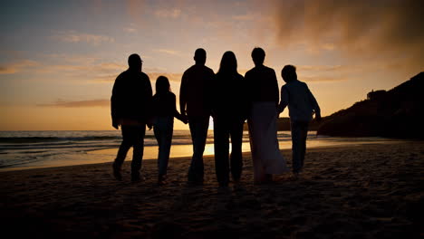 sunset, walking and silhouette of family