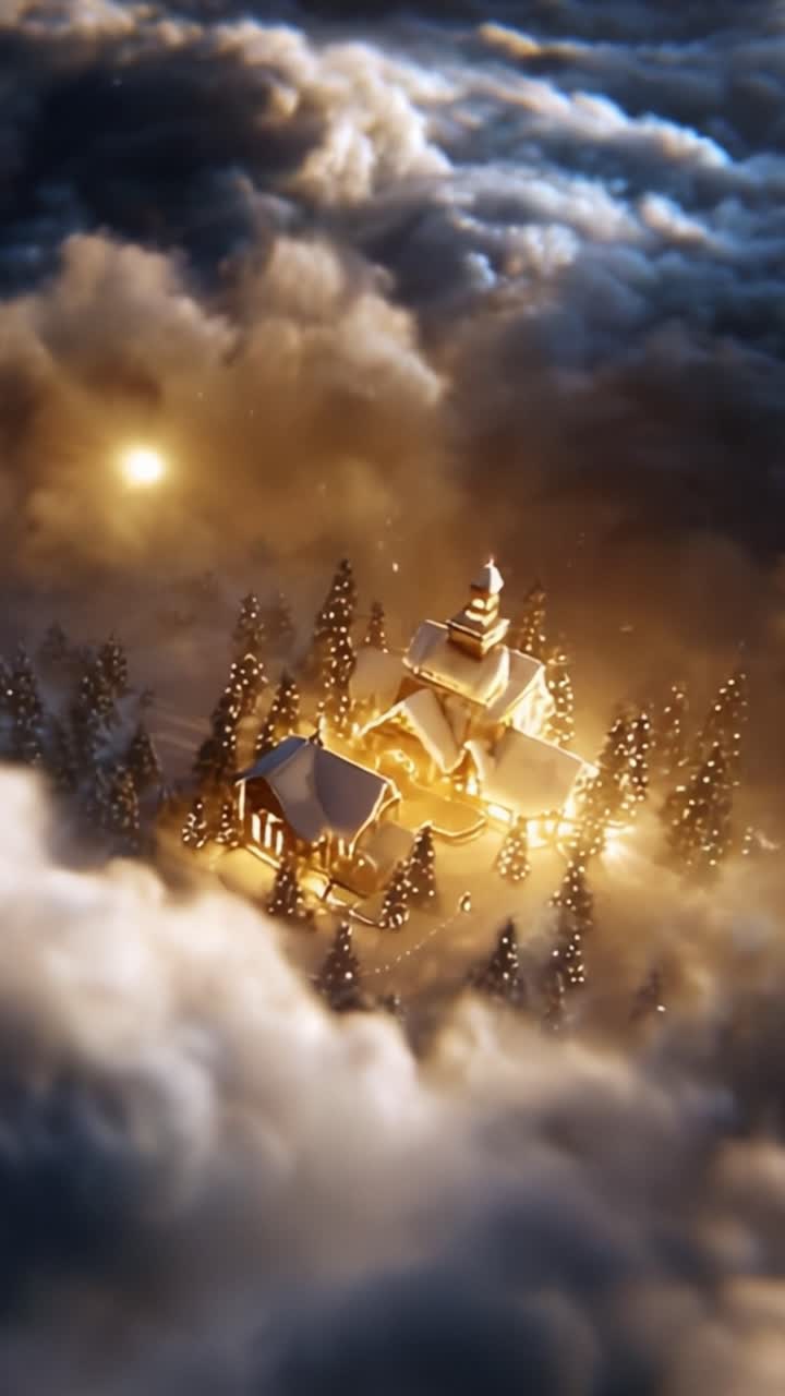 A Serene Winter Haven: An Enchanting Aerial View of a Snow-Covered Cabin Surrounded by Ethereal Clouds and Twinkling Lights, Creating a Magical Atmosphere Perfect for the Holiday Season