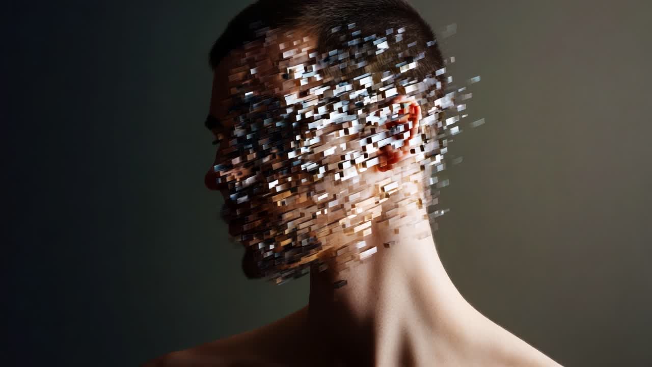Exploring the Concept of Identity through Abstract Representation in a Digital Artwork Featuring a Human Face Fragmenting into Multiple Pixelated Elements