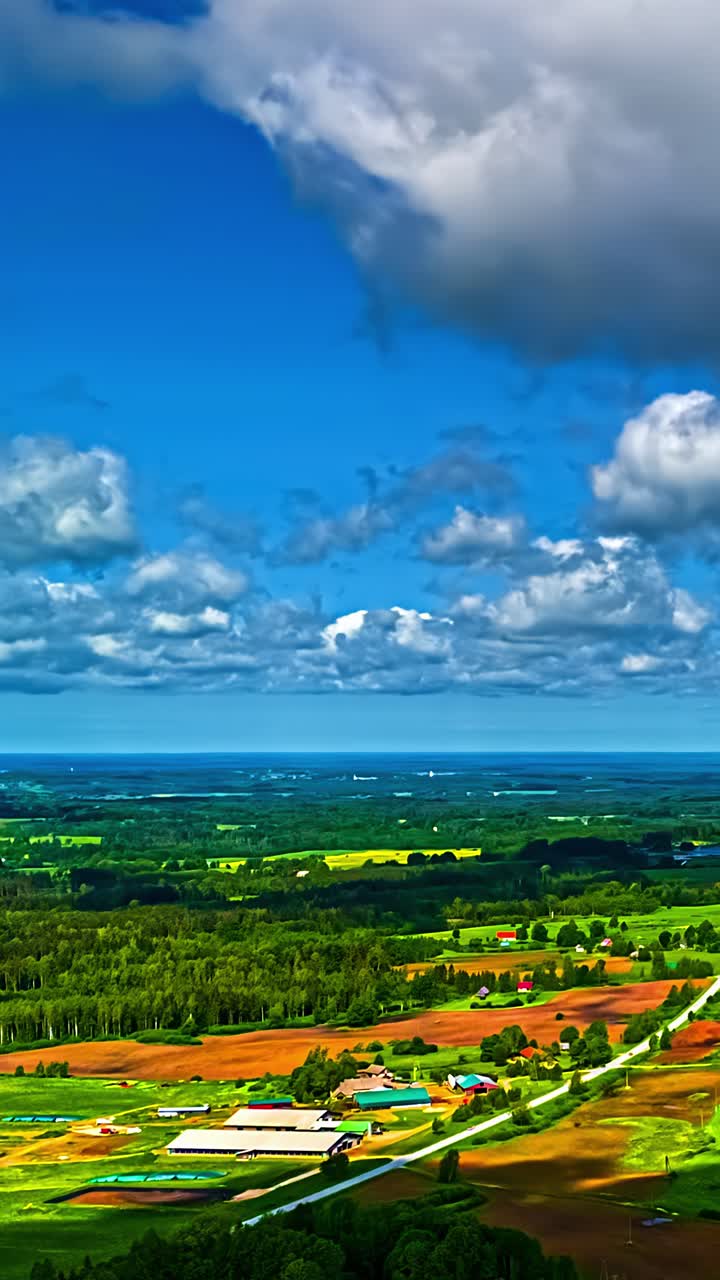 A Scenic Countryside With Fields and Farms Lies Under a Bright Blue Sky Filled With Fluffy Clouds - Vertical Hyperlapse Shot