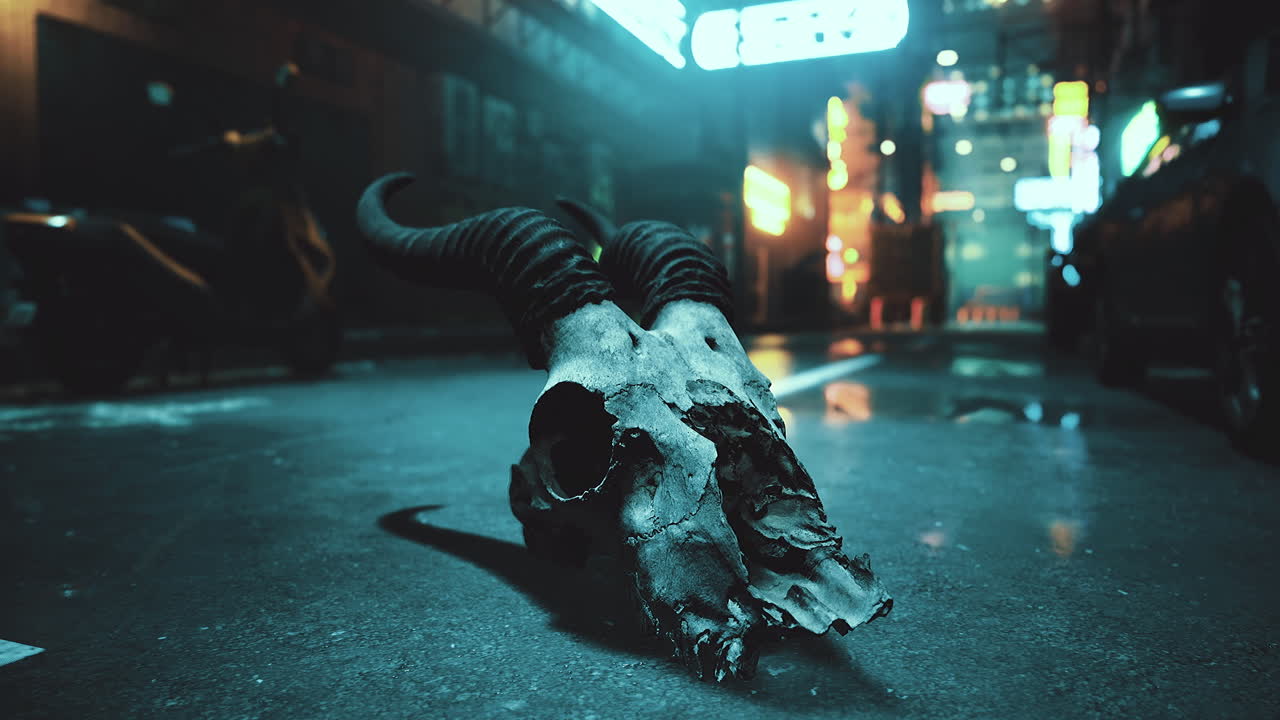 Dark urban street with a ram skull at night amid neon lights