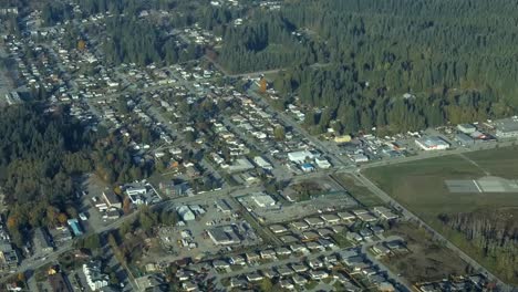 aerial view of scattered suburban area in forested landscape - sunny