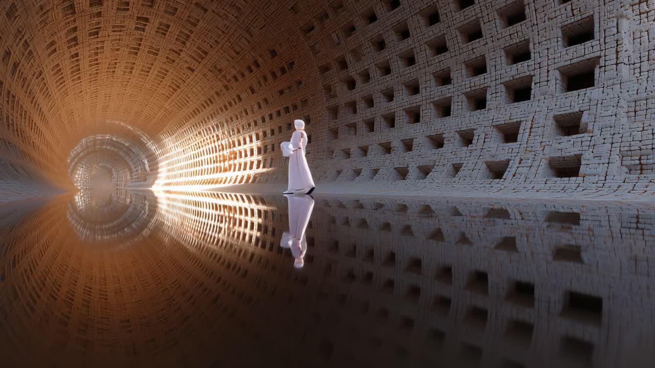 An Atmospheric Exploration of an Enigmatic Tunnel: A Figure in White Reflects Against the Mirror-Like Surface, Capturing the Intricacies of Light and Structure in a Unique Environment