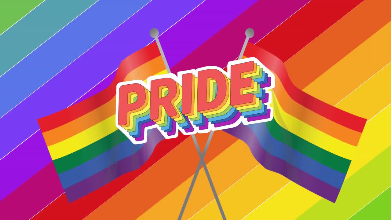 animación de texto de orgullo y banderas sobre fondo arco iris.