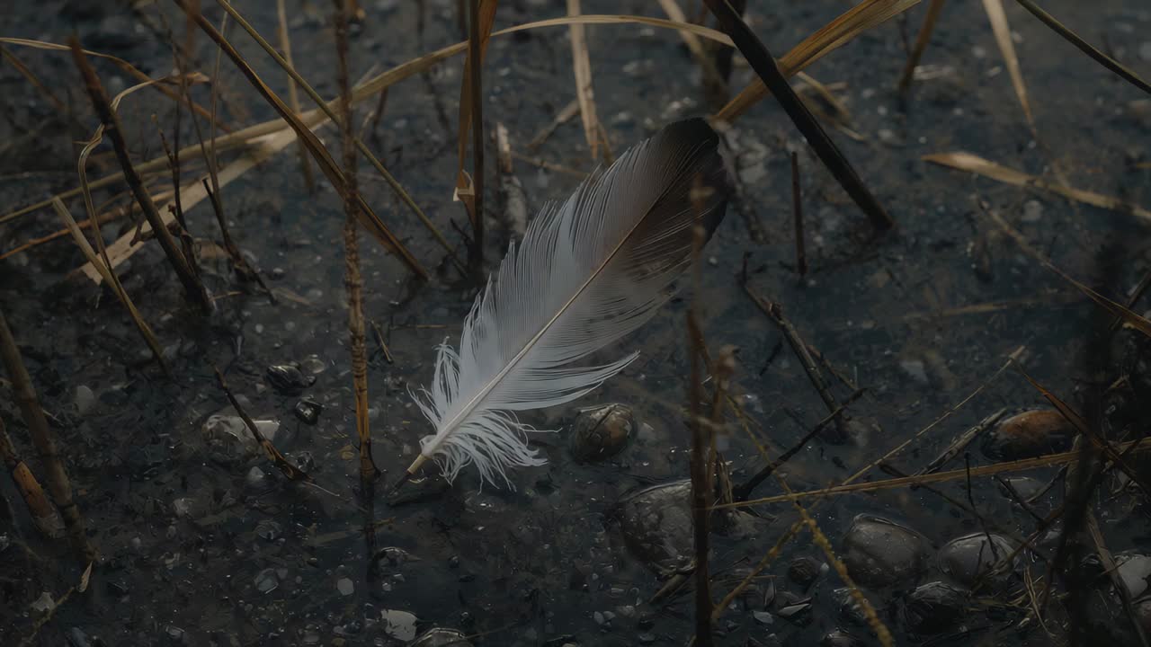 En enkelt hvidbrun fjer sætter sig ved fugt og skifter fjerstråler på en mudderflade blandt småsten og stængler.