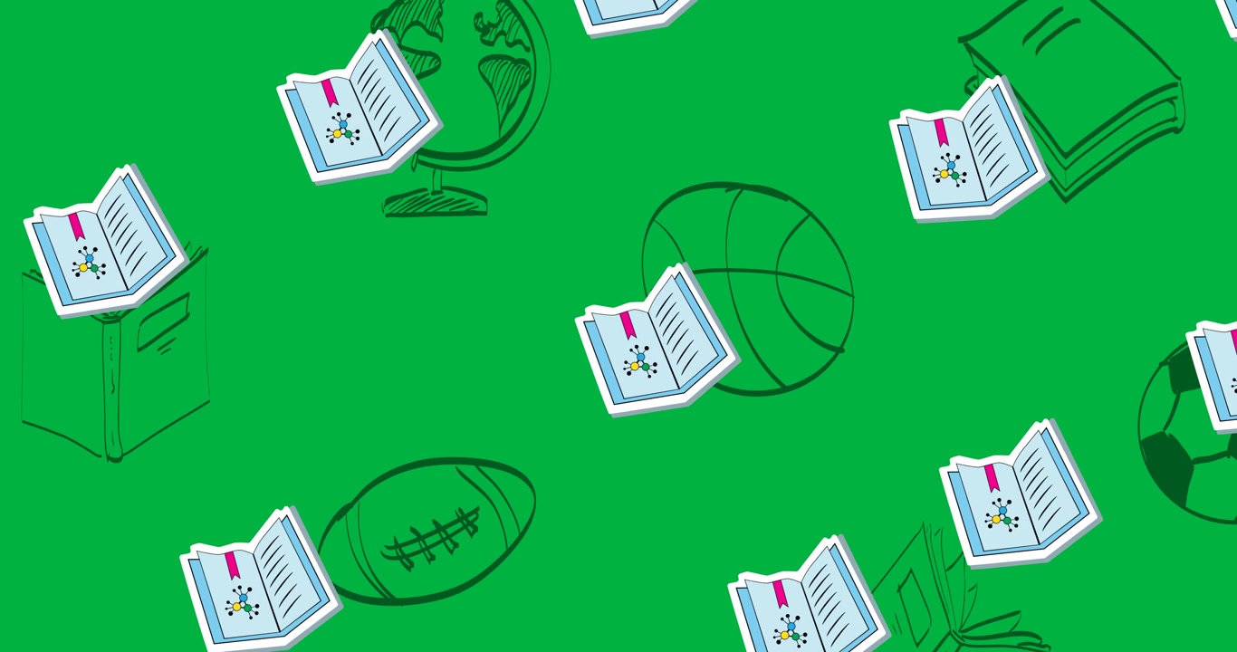 Digital animation of multiple text books icons floating against black background