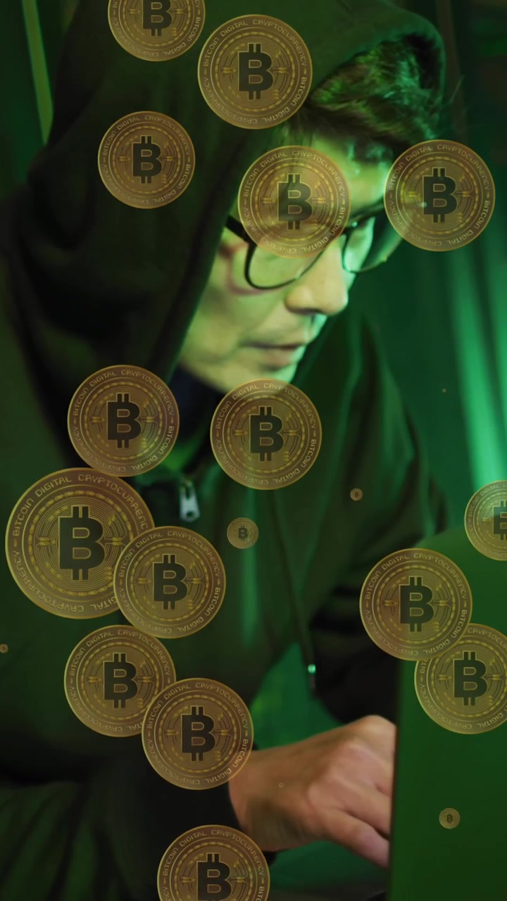 Animación de bitcoins sobre hacker asiático en sala de servidores