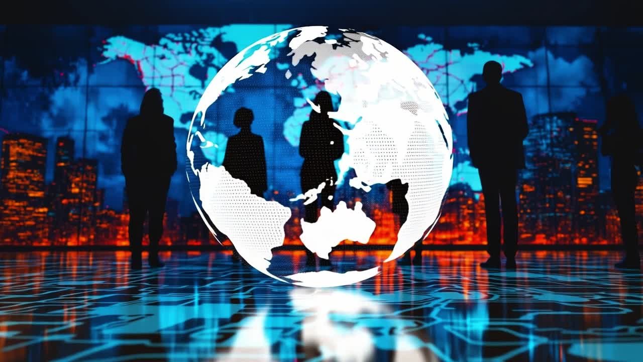 Digital global connections. Silhouetted figures stand before a vibrant world map display, symbolizing global networking and digital engagement.