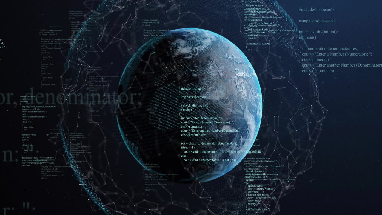 Animation of digital data processing over globe on dark background