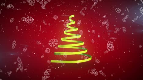 Animation-of-christmas-tree-formed-with-yellow-ribbon-and-snow-falling