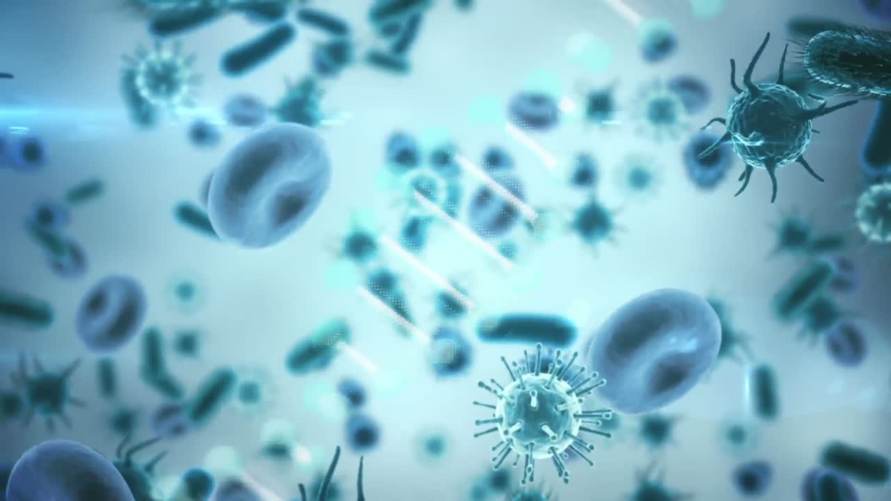 animación de la cadena de adn girando sobre las células de covid 19 flotando