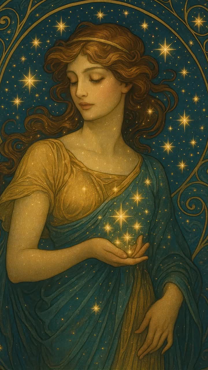 A celestial-themed illustration of a woman holding stars, with a vintage art style