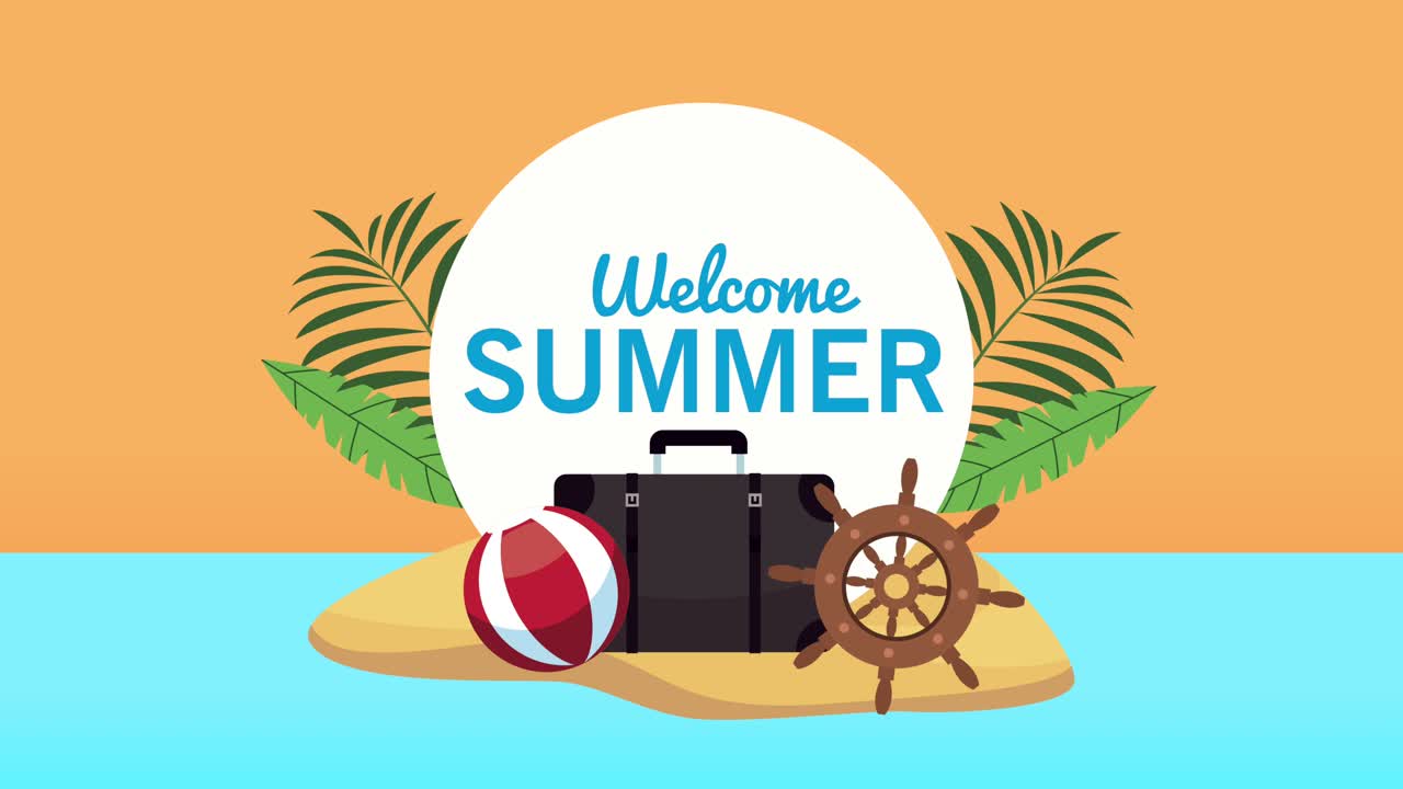 나무와 종려나무가 있는 바다 풍경에 여름을 환영하는 라벨