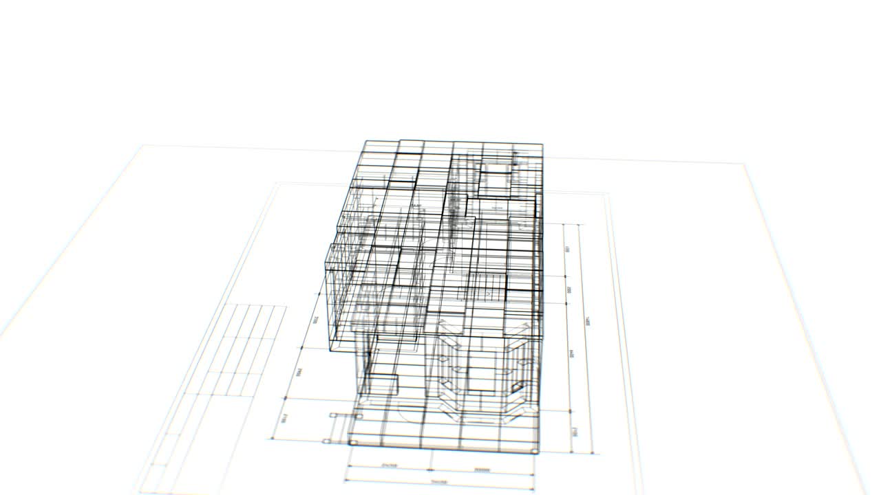 Abstract House Construction Beautiful 3d Blueprint Mesh on White. 3d Animation of Building Process on Plan. Construction Business and Technology Concept. Last Turn is Looped.