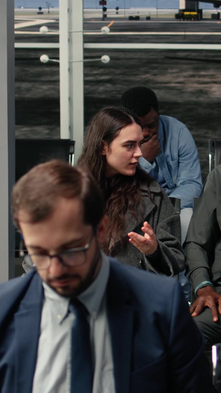 Video verticale: Conversazioni, viaggi di vacanza internazionali e persone multietniche in aeroporto