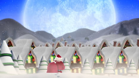 snow falling over rear view of santa claus and multiple houses and trees on winter landscape