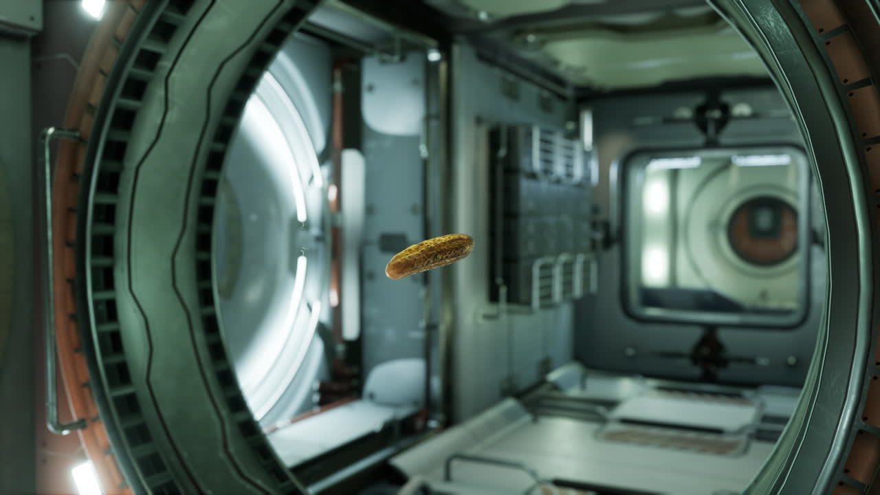 marinated pickled cucumber floating in internation space station